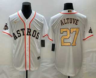 Mens Houston Astros #27 Jose Altuve 2023 White Gold World Serise Champions Patch Cool Base Stitched Jersey